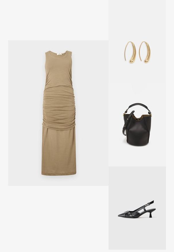 Ujjatlan maxiruha puha, texturált bézs anyagból. Oldalán gyűrődő részletekkel rendelkezik, amelyek függönyözött sziluettet alkotnak.; Fekete bőr slingback cipő hegyes orral, dekoratív pántokkal, fém szemekkel és alacsony blokk sarkú. Texturált felület.; Fekete bőr vödör táska texturált felülettel, arany hardware részletekkel és nyitott tetejével. Rövid fogantyúval és állítható vállpánttal rendelkezik.; Aranyszínű fémből készült karika fülbevalók ívelt, hosszúkás formával. Simaságával és fényes felületével, valamint lekerekített végével további részletekkel bővül.