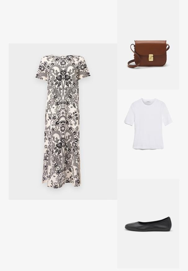 Schwarz floral gemustertes Kleid mit off-weißem Hintergrund, kurzen Ärmeln, einem runden Halsausschnitt und Seitenschlitzen für mehr Bewegungsfreiheit.; Weißes kurzärmliges T-Shirt aus geripptem Stoff. Runder Halsausschnitt, normale Passform und dezente Nähte. Keine Muster oder Grafiken.; Schwarze Leder-Ballettschuhe mit abgerundeter Spitze, glatter Textur, minimalen Nähdetails und einem flexiblen Sohlen-Design.; Braune Ledertasche mit Klappenverschluss, Beschlägen in Goldfarbe, einem Schultergurt und einer glatten Oberfläche. Kompakte rechteckige Form.