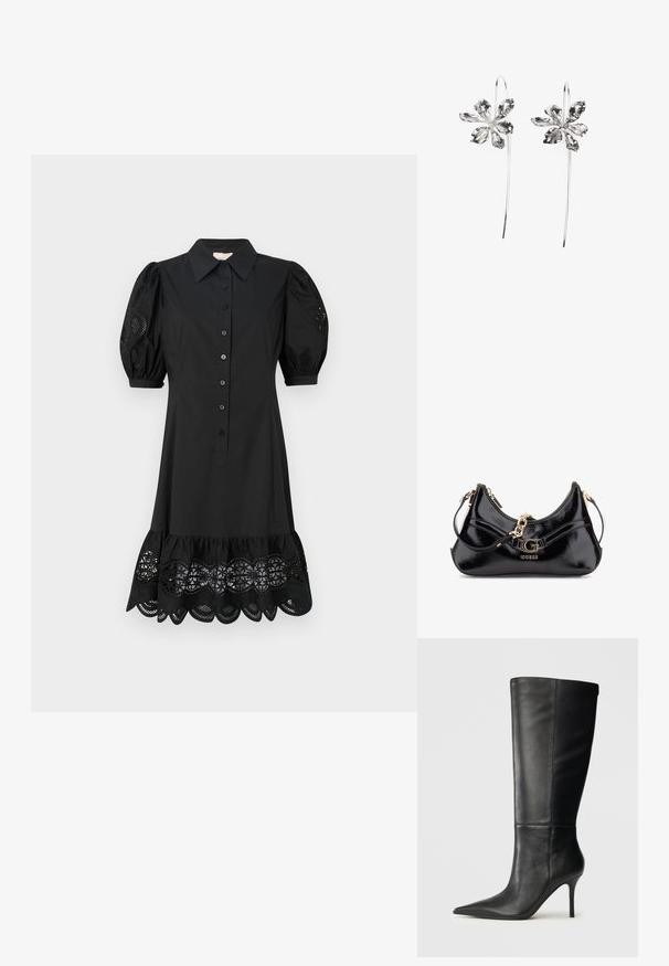 Čierne šaty s predným zapínaním na gombíky, krátkymi pufovanými rukávmi a lemom s čipkovaným detailom, ktorý má vlnkový vzor a vyrezávané otvory.; Čierne kožené čižmy po kolená s špicatou špičkou a štíhlou stiletto podpisom, hladká textúra, bočný profil na neutrálnom pozadí.; Čierna lakovaná kožená taška s zakriveným dizajnom, zlatými kovovými detailami a výrazným logom. Obsahuje odnímateľný ramenný popruh.; Strieborné náušnice v tvare kvetu s textúrovaným povrchom, vybavené dlhými háčikmi a detailmi pripomínajúcimi lupene pre zložitý dizajn.