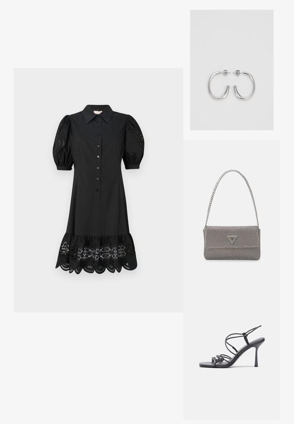 Fekete ruha gombokkal az elején, rövid puffos ujjak és csipkével díszített szegély, amely hullámos mintázattal és szemezettlyukakkal rendelkezik.; Fekete magas sarkú szandálok vékony pántokkal, csomózott mintával, sima négyzetes orral és karcsú stiletto sarkal rendelkeznek.; Világosszürke fémes kézitáska lánc pánttal, kis kör alakú fém kifinomult díszítéssel és háromszög alakú márkagéppel.; Ezüst karika fülbevalók sima, fényes felülettel. Lekerekített forma, könnyű kialakítással, tűs zárómechanizmussal.