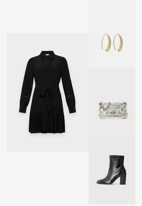 Mustaline kleit särgikaelusega, pikad varrukad, nupuga esiosa ja vöödiga talje. Plepitud seeliku detail ning pitsaktsendid varrukatel.; Must kõvale nahast pahklipsu saapad, millel on sile tekstuur, terav varvas ja paks kõrge kann. Omab külgavatust ja minimalistlikku disaini.; Hõbedane metallist käekott ahelakäepidemega, koos tepitud tekstuuri, dekoratiivse õmbluse ja lukuga. Esiküljel on embosseeritud aktsendid.; Kuldtoonilised metallist rõngas kõrvarõngad, millel on kõver ja piklik kuju. Omavad siledat, läikivat pinda ja ümarat tipptugevdust, mis lisab detaili.