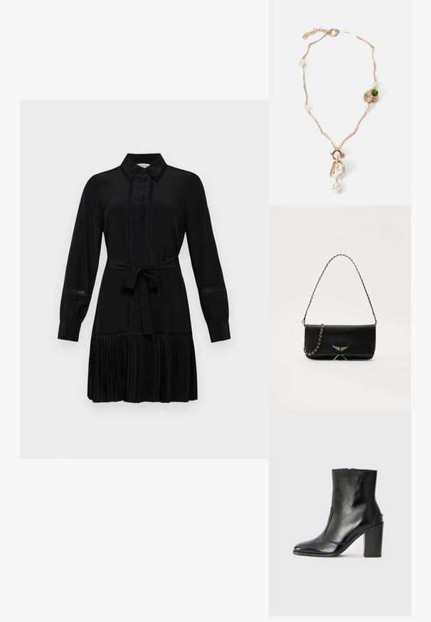 Rochie neagră cu guler tip cămașă, mâneci lungi, închidere cu nasturi și talie cu brâu. Detalii plisate la fustă și accente din dantelă pe mâneci.; Botină din piele neagră, cu o textură netedă, vârf ascuțit și toc gros, înalt. Dispune de o deschidere laterală și un design minimalist.; Geantă de mână din piele neagră cu un lanț din argint, având accente decorative în formă de aripi și cusături albe de-a lungul cusăturii de jos.; Colier din metal auriu, cu verigi răsucite, perle albe și un accent din piatră verde. Prezintă detalii intricate și un sistem de închidere.