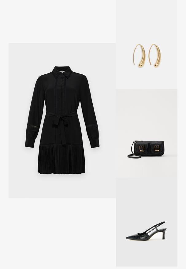 Schwarzes Kleid mit Hemdkragen, langen Ärmeln, durchgehender Knopfleiste und tailliertem Bund. Faltenrock-Detail und Spitzenelemente an den Ärmeln.; Schwarze Lack-Slingback-Pumps mit spitzem Zehenbereich, versehen mit strukturiertem Schlangenprint, verstellbarem Riemen und einem kurzen, strukturierten Blockabsatz.; Schwarze Leder-Umhängetasche mit zwei vorderen Taschen, goldenen Schnallen, Reißverschluss und einem schmalen Tragegurt. Texturierte Oberfläche und kompakte rechteckige Form.; Goldfarbene Metall-Hoops mit einer geschwungenen, länglichen Form. Sie verfügen über eine glatte, glänzende Oberfläche und eine abgerundete Spitze für zusätzliche Details.