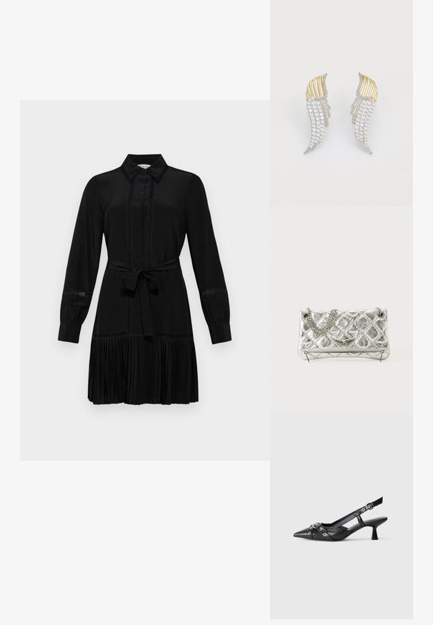 Čierne šaty s golierom, dlhými rukávmi, zapínaním na gombíky a opaskom v páse. Skriňový detail s plisovanou sukňou a čipkovými akcentami na rukávoch.; Čierne kožené slingback topánky s špicatou špičkou, ozdobnými popruhmi s kovovými očkami a nízkym blokovým podpätkom. Textúrovaný povrch.; Strieborná metalická kabelka s reťazovým držadlom, prešívanou textúrou, dekoratívnym prešívaním a zipsovým uzáverom. Na prednej strane má vyrazené akcenty.; Dvoje náušníc v tvare krídel, vyrobené zo strieborného kovu s čírymi, okrúhlo brúsenými kryštálmi a zlatými kovovými akcentmi v vrstvenom dizajne.