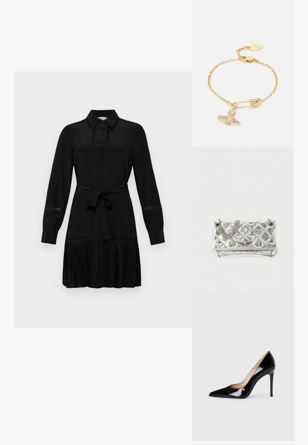 Schwarzes Kleid mit Hemdkragen, langen Ärmeln, durchgehender Knopfleiste und tailliertem Bund. Faltenrock-Detail und Spitzenelemente an den Ärmeln.; Schwarze Lackleder-Pumps mit High Heels und spitzem Design sowie einer eleganten Silhouette. Verfügt über eine glatte, glänzende Oberfläche und einen schlanken Stiletto-Absatz.; Silberne metallische Handtasche mit Kettenhenkel, gestepptem Muster, dekorativer Naht und Reißverschluss. Verfügt über geprägte Akzente auf der Vorderseite.; Armband in Goldfarbe mit Kettendesign, verziert mit einem Sicherheitsnadel-Anhänger und einem funkelnden Schleifen-Detail. Enthält einen Verschluss und ein Logo-Tag.
