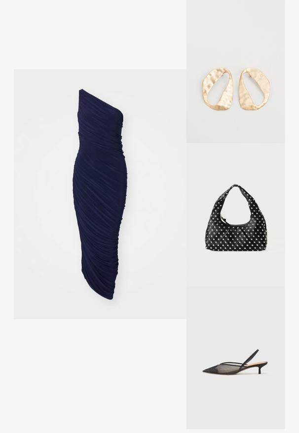 Tamno plava haljina s jednim ramenom napravljena od naborane tkanine, prilagođenog dizajna s ravnom siluetom i glatkom teksturom.; NEOUS IRENA - Klasične cipele s visokom petom - black; Crna kožna torba s zakrivljenom drškom, s uzorkom metalnih zakovica ravnomjerno raspoređenih po površini. S zatvaranjem na patentni zatvarač.; Par zlatnih metalnih naušnica nepravilnog ovalnog oblika s teksturiranom, blago kovanom površinom na bijeloj pozadini.