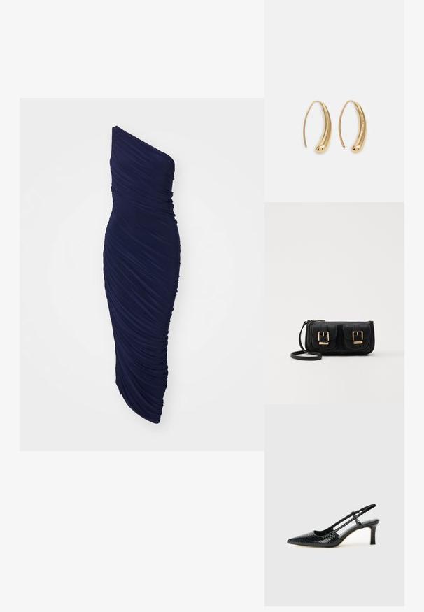 Granatowa, jednoskrzydłowa sukienka z marszczonego materiału, dopasowana w fasonie z prostą sylwetką i gładką teksturą przez cały materiał.; Czarne lakierowane czółenka na obcasie typu slingback z wąskim noskiem, z teksturowanym wzorem wężowym, regulowanym paskiem oraz krótkim, teksturowanym obcasem w kształcie słupka.; Czarna skórzana torba na ramię z dwoma przednimi kieszeniami, złotymi klamrami, zamkiem błyskawicznym i cienkim paskiem. Teksturowana powierzchnia i kompaktowy prostokątny kształt.; Złote metalowe kolczyki w kształcie obręczy o zakrzywionym, wydłużonym kształcie. Posiadają gładką, błyszczącą powierzchnię oraz zaokrąglony koniec dla dodatkowego efektu.