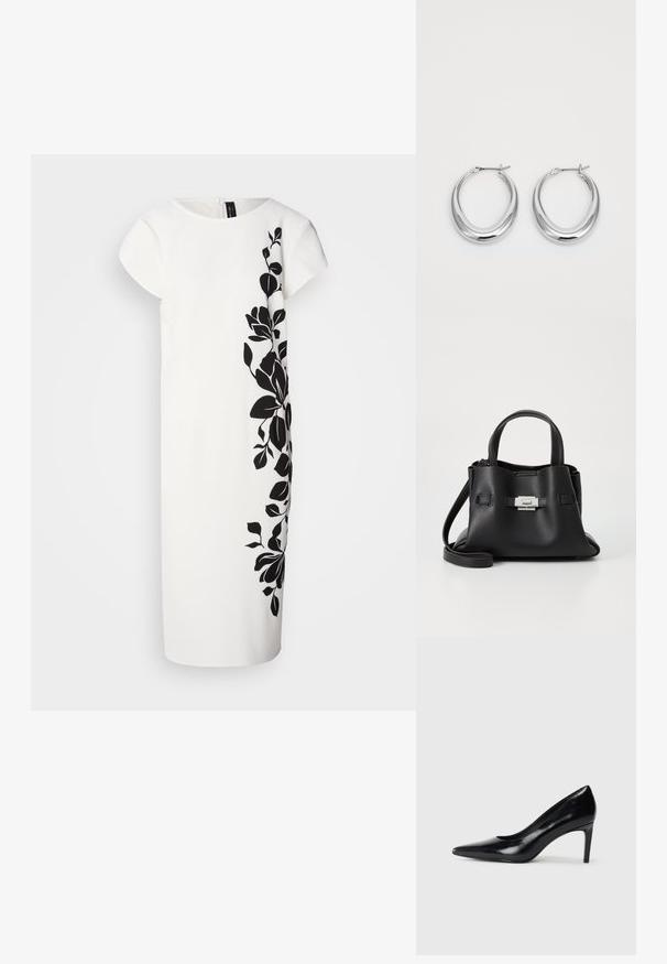 Fehér ruházat rövid ujjakkal, az egyik oldalon fekete virágmintával. Puha textúra, térd hosszúságú fazon, letisztult vonalak, és hátsó cipzárral.; Fekete bőr magassarkú cipő, hegyes orral, sima textúrával és kúpos sarkal. Minimalista dizájn, nincsenek további díszítések.; Fekete bőr kézitáska struktúrált felülettel, két felső fogantyúval, levehető vállpánttal és ezüst színű csattal.; Fényes ezüst félhold alakú karika fülbevaló pár, zsanéros kapoccsal, fehér háttéren.