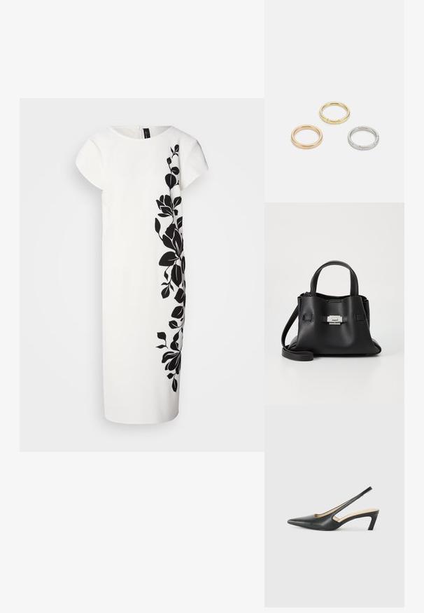 Bíl dress s krátkými rukávy, zdobený černým květinovým vzorem na jedné straně. Měkká textura, do délky kolen, čisté linie a zip na zadní straně.; Černý špičatý slingback s nízkým podpatkem, vyrobený z hladké kůže, s výřezem na boku pro lepší prodyšnost.; Černá kožená kabelka s texturovaným povrchem, vybavená dvěma horními uchy, odnímatelným ramenním popruhem a stříbrným detailem s uzávěrem.; Tři kovové prsteny: jeden růžově zlatý, jeden zlatý s texturovanými detaily a jeden stříbrný, všechny s vyrytým brandingem na vnitřním boku.