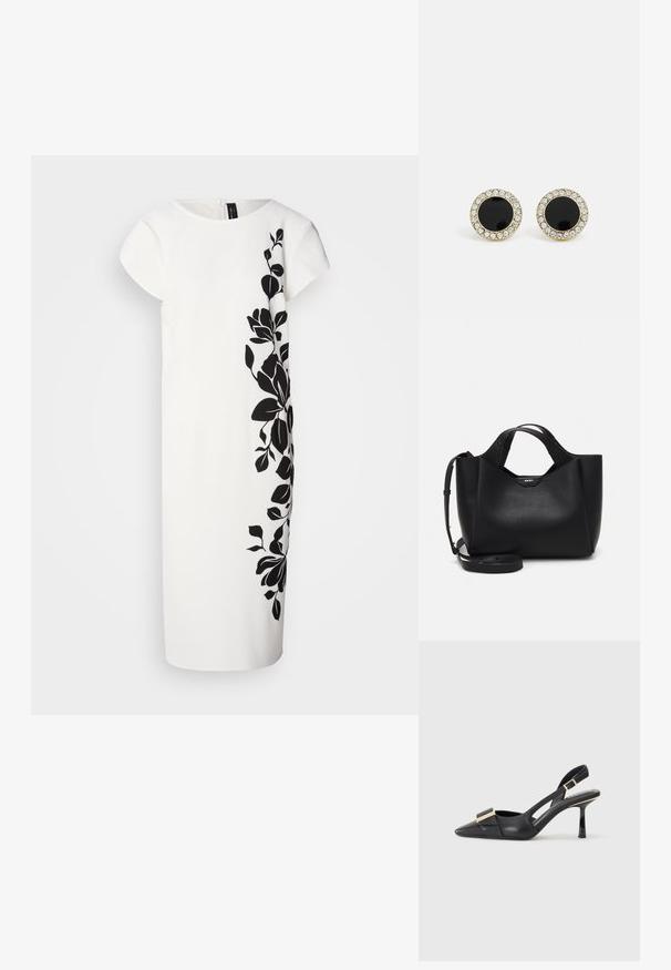 Fehér ruházat rövid ujjakkal, az egyik oldalon fekete virágmintával. Puha textúra, térd hosszúságú fazon, letisztult vonalak, és hátsó cipzárral.; Fekete bőr slingback cipő hegyes orral, karcsú sarkal és aranyszínű kiegészítővel a lábfej résznél. Simább szerkezet és letisztult dizájn.; Fekete bőrtáska texturált felülettel, szögletes formával, két füllel és állítható vállpánttal. DKNY logós díszítéssel rendelkezik.; DKNY INLAY STUD - Fülbevalók - black/gold-coloured
