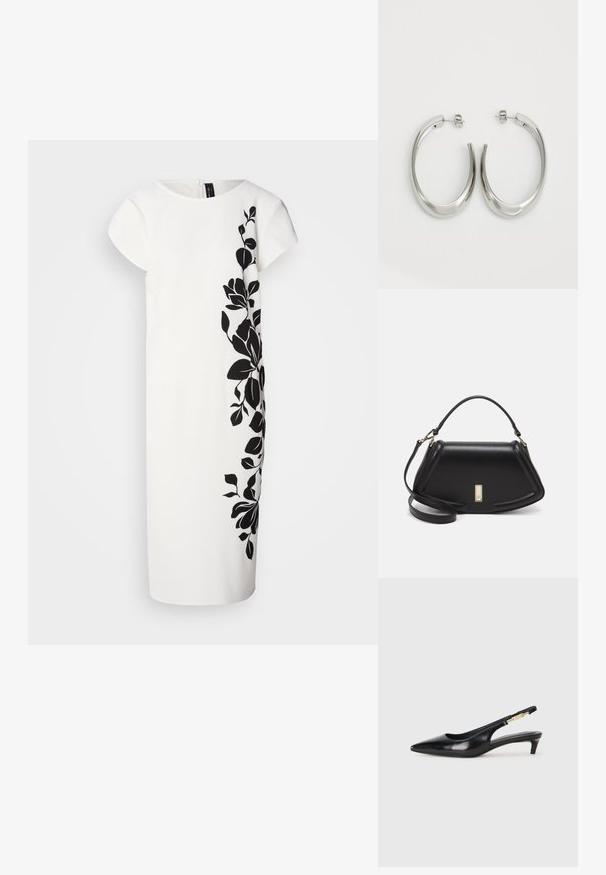 Fehér ruházat rövid ujjakkal, az egyik oldalon fekete virágmintával. Puha textúra, térd hosszúságú fazon, letisztult vonalak, és hátsó cipzárral.; Fekete bőr slingback magassarkúk, hegyes orral, vékony sarkakkal és arany színű részlettel a állítható pánton. Simа felület.; Fekete bőr kézitáska, strukturált dizájnnal, rövidített formával, felső fogantyúval és arany színű kiegészítőkkel. Állítható vállpánt is tartozik hozzá.; Ezüst karika fülbevalók sima, ívelt formával. Fényes fémes felülettel és tűs zárral rendelkeznek. Nincsenek látható minták vagy kiegészítők.
