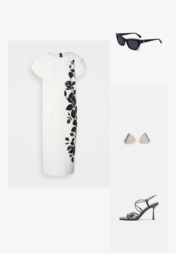 Balta kleita ar īsām piedurknēm, no vienas puses rotāta ar melnu ziedu rakstu. Mīksts audums, līdz ceļiem garumā, tīras līnijas un aizmugurējā rāvējslēdzējs.; Melnas augstpapēžu sandales ar plāniem siksniņām un mezgla dizainu, gluda kvadrātveida purngalu un elegantu stiletto papēdi.; Melni pārmēru saulesbrilles ar ģeometrisku formu, kas aprīkotas ar tumšiem stikliem un kontrastējošu pelēku akcentu uz rāmja. Logo uz kājas.; Sudraba metāla auskari ar gludu, asarveida formu un pulētu apdari. Smalkas gravējumi pievieno detalizāciju. Minimālisma dizains.