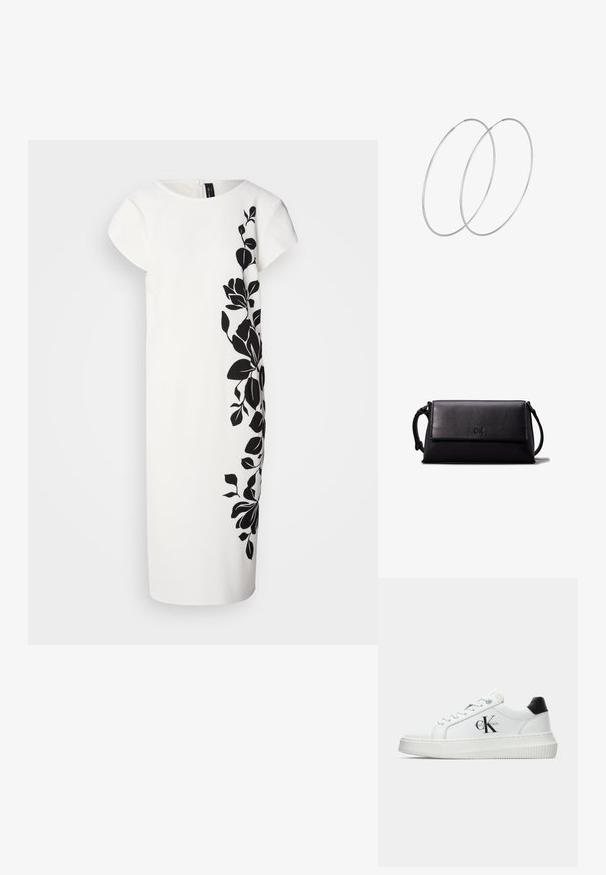 Vitt klänning med korta ärmar, som har en svart blommig design på ena sidan. Mjuk textur, knälång klipp, rena linjer och dragkedja bak.; Vit lågtopp sneakers med svart hälflik, platåsål, snörning och Calvin Klein "CK" logotyp på sidan.; Svart läderklutch med rektangulär form, jämn yta, platt lockstängning och ett litet handtag på sidan. Har en diskret logotyp.; Silverfärgade hoopörhängen med en minimalistisk design. Cirkulär form, slät yta och tunn profil. Lätta med en polerad finish.