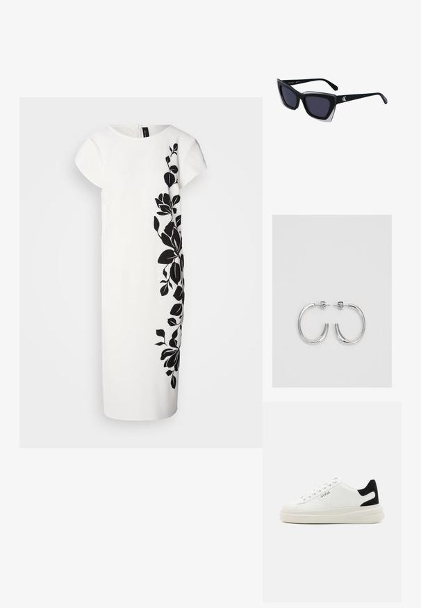 Biele šaty s krátkymi rukávmi, na jednej strane s čiernym kvetinovým vzorom. Mäkká textúra, dĺžka po kolená, čisté línie a zips na zadnej strane.; Biele kožené tenisky s hrubou bielou podrážkou, čiernym zamekom na päte a vyrazeným logom na boku. Šnurovací dizajn so šiestimi očkami.; Čierne oversized slnečné okuliare s geometrickým tvarom, s tmavými šošovkami a kontrastným šedým detailom na ráme. Logo na mostíku.; Strieborné kruhové náušnice s hladkým a lesklým povrchom. Okrúhly tvar, ľahký dizajn, s uzáverom na kolík.