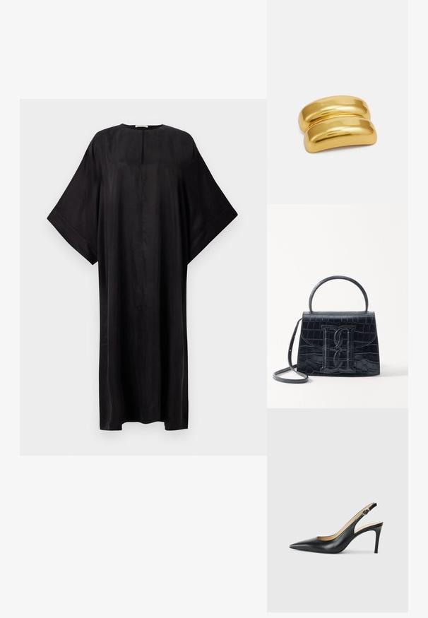 Juoda maksi suknelė su laisvu siluetu, plačiomis rankovėmis, apvalia iškirpte ir maža priekinė skeltu. Pagaminta iš sklandaus, lengvo audinio.; Juodos odinės slingback aukštakulnės bateliai su smailiu nosiu, reguliuojama juosta ir elegantišku stiletto kulnu, pasižymintys lygia apdaila.; Juodas krokodilo rašto odinis rankinės krepšys su struktūruotu dizainu, viršutine rankena, reguliuojamu dirželiu ir išsiskiriančiu priekinio logo detale.; Aukso spalvos metalinė plaukų segtukas su lygiu, apvaliu dizainu. Paviršius blizgus, turi sujungtą, lenktą formą be jokių papildomų puošmenų.