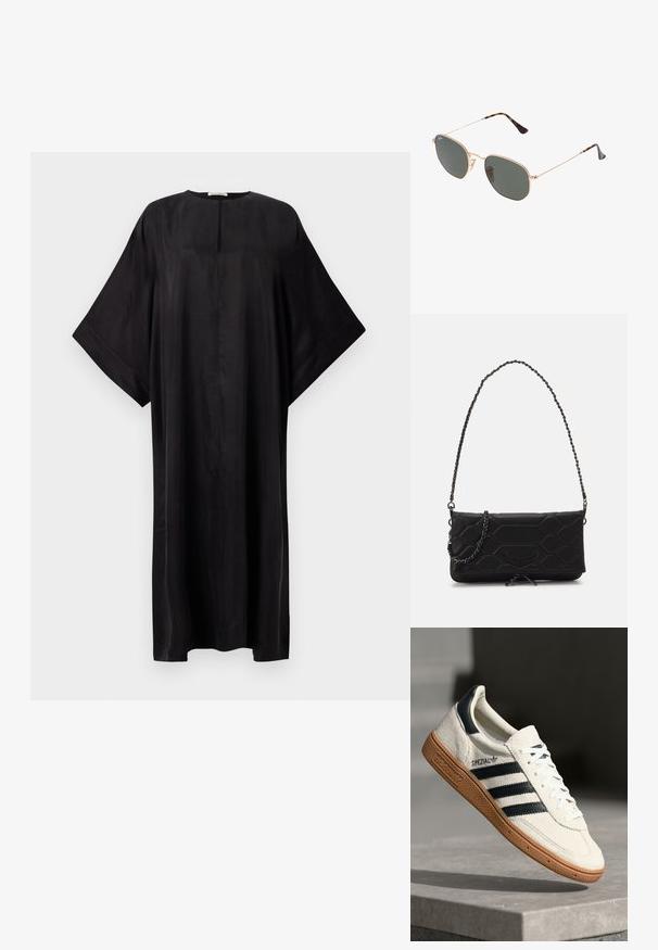 Melna maksi kleita ar brīvu piegulumu, platām piedurknēm, apaļu kakla izgriezumu un nelielu priekšējo šķēlumu. Izgatavota no gluda, viegla auduma.; Baltas zamša kedas ar tumši ziliem svītrām, gumijas zole, teksturēts augšdaļa, apaļa purngala forma un auklas; sānos un mēlītē ir zīmola nosaukums.; Zelta metāla rāmis saulesbrilles ar tumši zaļiem stikliem, aviator stils, ar šaurām kājām un bruņu akcentiem uz galiem.; Melna kviltota mākslīgās ādas soma ar ķēdes siksnu, kas piedāvā sešstūra rakstu un dekoratīvu spārnu detaļu uz priekšpuses.