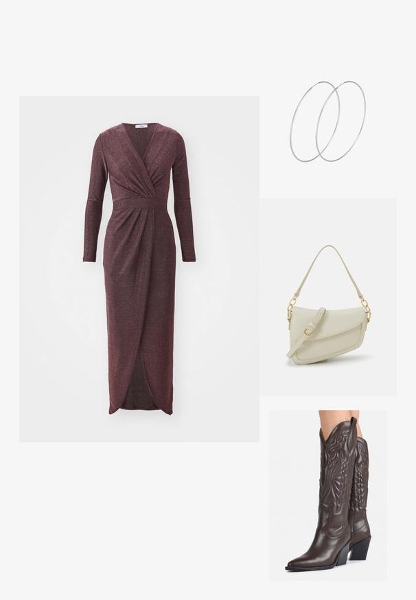 WAL G. LOLA GLITTER - Koktejlové šaty / šaty na párty - bronze; Hnědé kožené kovbojské boty s špičatou špičkou a blokovým podpatkem, se zdobným prošíváním a vyvýšenými akcenty na nárazu.; Malá krémová kabelka s texturovaným povrchem, dlouhým nastavitelným popruhem, řetízkovým akcentem a klopou. Ozdobné detaily zlaté barvy.; Stříbrné kruhové náušnice s minimalistickým designem. Kruh, hladký povrch a tenký profil. Lehká konstrukce s lesklým povrchem.