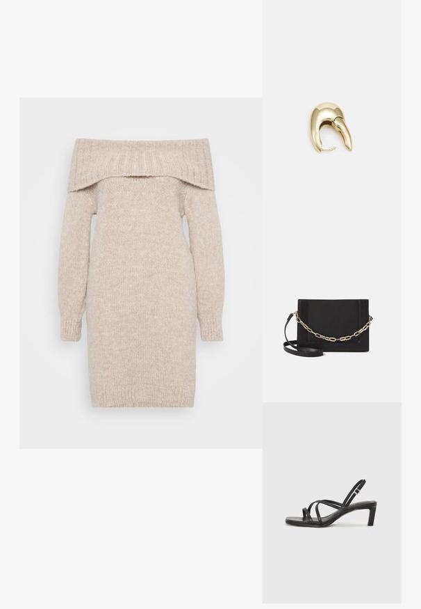 Šviesiai ruda mezgimo suknelė be petnešų, su ilgomis rankovėmis, raukšlėtu kaklu ir tekstūruotu audiniu. Tiesus kirpimas, iki vidurio šlaunies, su rankogaliais.; Juodi šlepetės su kvadratiniu pirštu ir žemu bloku kulnu. Yra keli ploni dirželiai ir reguliuojamas kulkšnies diržas. Pagaminti iš lygios odos.; Juodas odinis per petį nešiojamas krepšys turi lygų paviršių, stačiakampio formą ir metalinę grandinėlę priekyje. Pridedama reguliuojama dirželis.; Aukso tono metalinės auskarai su stilingu, kreiviu dizainu. Išsiskiria ryškiu smailiu pavidalu, poliruota paviršiumi ir užsegimu su vyriu.