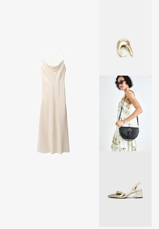 Sukienka na ramiączkach z satyny w kolorze kremowym, posiada cienkie ramiączka, dekolt w kształcie diamentu oraz luźny krój, opadający do połowy łydki, gładka faktura z subtelnym połyskiem.; Złote, metaliczne szpilki z boku z wydłużonym noskiem i grubym obcasem. Gładka faktura, minimalistyczny design i wąski pasek.; Czarna skórzana torebka o zakrzywionym kształcie, z odpinanym paskiem i złotymi akcentami. Torebka posiada klapę z zapięciem w kształcie klamry.; Złote metalowe kolczyki o eleganckim, zakrzywionym kształcie. Posiadają charakterystyczny szpiczasty kształt, polerowaną powierzchnię oraz zapięcie na zawias.