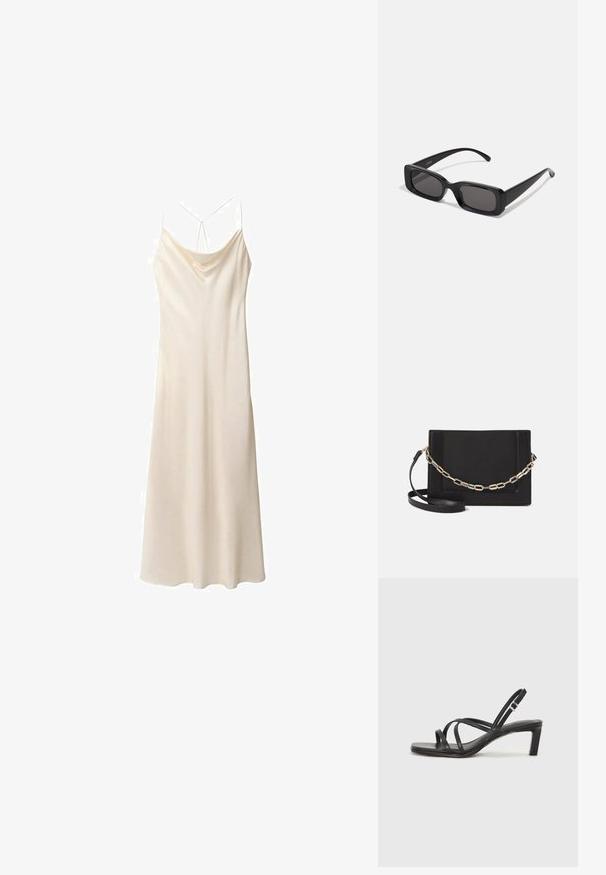 Kreemi värvi satenist libisev kleit, millel on kitsad rihmad, kootud kaelus ja mugav lõige, mis ulatub pahkluuni, sile tekstuur ja kerge sära.; Mustat hihnalligat, joissa on neliön muotoinen kärki ja matala lohkokorko. Ominaisuuksiin kuuluu useita ohuita hihnoja ja säädettävä nilkkahihna. Valmistettu sileästä nahasta.; Mustat suorakaiteen muotoiset aurinkolasit, joissa tummat linssit, kiiltävä pinta, leveät sangan varret ja massiivinen kehysmuotoilu. Yhden sangansivun kaiverrettu brändinimi.; Musta nahkainen olkalaukku, jossa on sileä pinta, suorakulmainen muoto ja metalliketju yksityiskohtana edessä. Mukana säädettävä hihna.