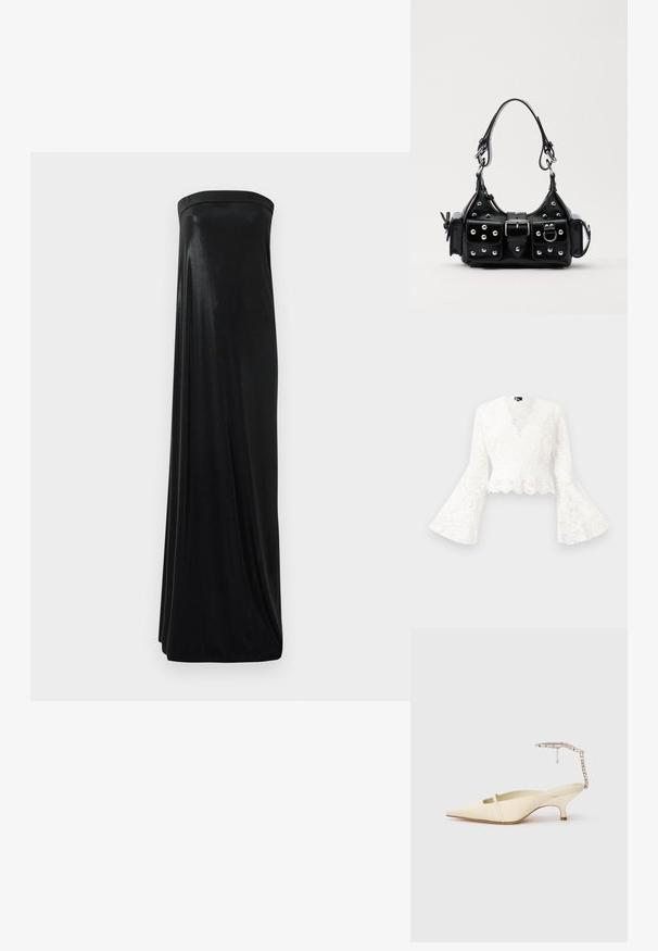 Mustat olkaimeton maksimekko, joka on valmistettu sileästä ja kiiltävästä kankaasta. Mekossa on istuva yläosa ja kenttä, joka laskeutuu lattiaan ilman koristeita.; Valkoinen pitsinen lyhyt takki, jossa on kellotakit, kauniisti kaareva helma ja syvä V-kaula-aukko. Pehmeä rakenne, jossa on monimutkaisia kukkakuoseja.; Kerman kärjellinen nilkkapumppu ohuella etuhihnalla ja korukoristeisella nilkkahihnalla valkoisella taustalla.; Musta nahkainen käsilaukku, jossa on kaareva muotoilu, hopeiset niitit, solki ja kaksi sivutaskua. Säädettävä olkahihna erilaisiin kantovaihtoehtoihin.