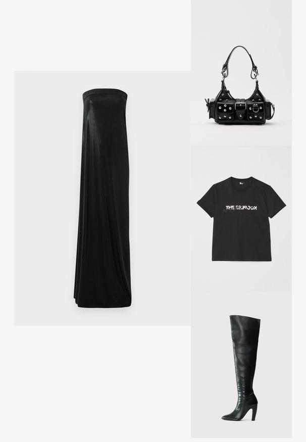 Juoda maxi suknelė be petnešėlių, pagaminta iš glotnaus, blizgaus audinio. Suknelė turi prigludusią viršūnę ir laisvą siluetą, siekiantį grindis, be jokių puošmenų.; Juodas medvilninis marškinėliai trumpomis rankovėmis, su spausdintu baltu ir pilku „THE 2LOOK“ dizainu priekyje. Klasikinis apvalus iškirpimas.; Juodos odinės virš kelio batai su prigludusia forma, smailiu priekiu ir aukšta pakulne. Lygus paviršius ir minimalistiškas stilius.; Juodas odinis rankinukas su kreiviu dizainu, su sidabro spalvos knopkėmis, užsegimu ir dviem šoninėmis kišenėmis. Reguliuojama dirželis nešimui.