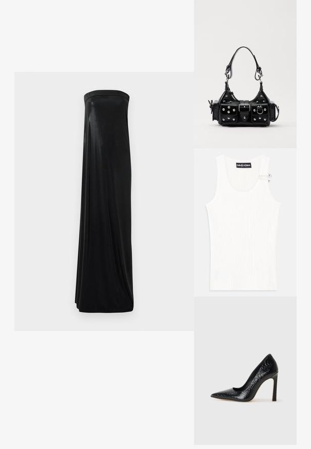 Melna strapless maxi kleita, izgatavota no gludas, spīdīgas auduma. Ar pieguļošu augšdaļu un plūstošu siluetu, kas sasniedz zemi bez rotājumiem.; Balts ribota bez piedurknēm topiņš ar apaļu dekoltē un metāla akcentu uz pleca. Mīksta tekstūra, pieguļošs dizains.; Melni augstpapēžu apavi ar norādītu purngalu, ar krokodila ādas tekstūru, izceļoties ar elegantu dizainu, augstu stiletto papēdi un gludu melnu interjeru.; Melnas ādas rokturmais ar izliekumu, ar sudraba iedurtiem, sprādzi un divām sānu kabatām. Regulējams siksniņas garums dažādām nēsāšanas iespējām.