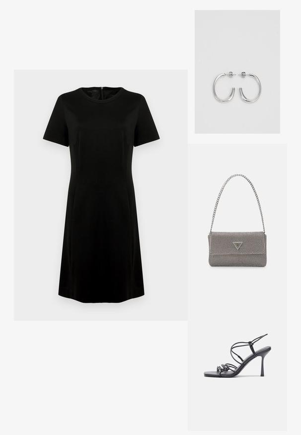 Melna kleita ar īsām piedurknēm, apaļu izgriezumu un gludu tekstūru. Raksturīga nedaudz A formas siluets un aizmugurēja rāvējslēdzēja aizdare.; Melnas augstpapēžu sandales ar plāniem siksniņām un mezgla dizainu, gluda kvadrātveida purngalu un elegantu stiletto papēdi.; Gaiši pelēka metāla rokassoma ar ķēdes siksnu, rotāta ar mazām apaļām metāla kniedēm un trīsstūra zīmola logo.; Sudraba riņķveida auskari ar gludu, spīdīgu apdari. Apaļas formas, viegla dizaina, ar aizdari uz stieples.