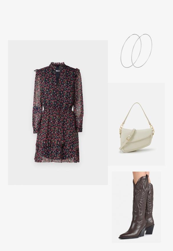 Cvjetna haljina od prozirnog tamnoplavog materijala s crvenim i zelenim uzorcima, naborani visoki ovratnik, dugi rukavi i strukiranje sa slojevitom suknjom.; Smeđe kožne kauboj čizme s šiljastim vrhom i blok-potpeticom, s detaljno izvezenim šavovima i uzdignutim naglascima na okovu.; Mala krem torbica s teksturiranim finišom, dugačkim podesivim remenom, lančanim detaljem i preklopom. Zlaćani hardver.; Srebrne okrugle naušnice s minimalističkim dizajnom. Kružni oblik, glatka tekstura i tanak profil. Lagane s poliranim završetkom.