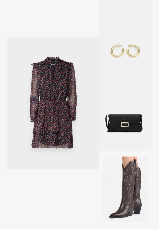 Gėlėta suknelė, pagaminta iš permatomos tamsiai mėlynos medžiagos su raudonais ir žaliais raštais, suklota aukštu apykakle, ilgomis rankovėmis ir suspausta juosmeniu su sluoksniuota sijonu.; Rudos odinės kaubojaus batai su smailiu priekiu ir blokuotu kulnu, pasižymintys detaliu siuvinėjimu ir iškiliais akcentais ant ašies.; Juodas odinis dėkliukas su atvarteliu ir auksinės metalinės sagties detalėmis. Įeina juodas diržas ir elegantiškas, minimalistinis dizainas.; Aukso auskarai su lygiu, blizgiu paviršiumi. Apvalus dizainas su maža užrakto dalimi ir skaidria atrama saugiam nešiojimui.