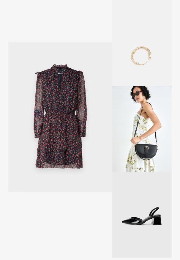 Cvetna obleka iz prosojnega mornarsko modrega materiala z rdečimi in zelenimi vzorci, nabranim visokim ovratnikom, dolgimi rokavi in zategnjenim pasom ter večplastno krilo.; Črne lakirane slingback pete s koničastim nosom in geometrijsko blokasto peto. Imajo eleganten, minimalističen dizajn in gladko teksturo.; Črna usnjena torbica s ukrivljeno obliko, z odstranljivo naramnico in zlatimi dodatki. Torbica ima pokrov s podrobnostmi v obliki zaponke.; Zlati prstan s organskim, zvitim dizajnom, gladko površino in taperiranimi konci, ki ustvarja modernega, skulpturalnega videza.