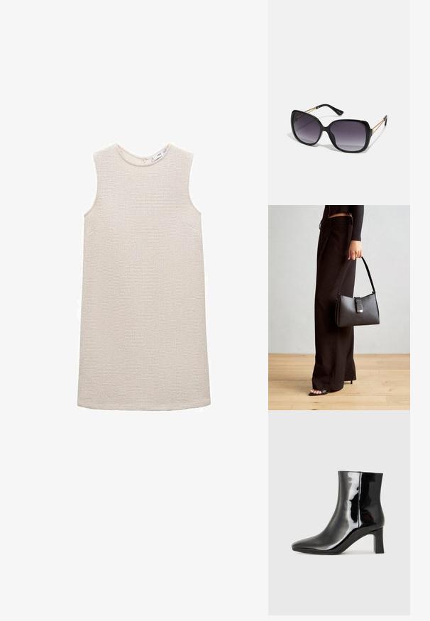 Mango Vestito di maglina - off-white; Stivaletto in pelle verniciata nera con punta a punta e tacco a blocco di altezza media. Texture liscia e design minimalista.; Occhiali da sole neri oversize con lenti sfumate, montatura spessa e dettagli in catena dorata sulle astine.; Borsa nera con forma strutturata, texture liscia e una chiusura metallica. Abbinata a pantaloni neri larghi e sandali open-toe su un pavimento in legno.