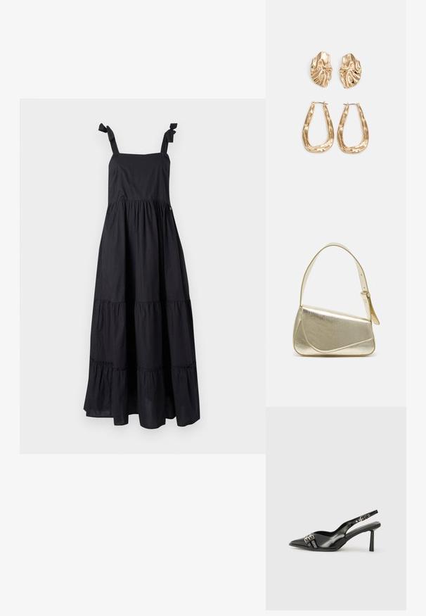 Melnā maksi kleita ar sasienamiem plecu siksnām, kvadrātveida izgriezumu un pakāpenisku ruffles dizainu. Izgatavota no viegla auduma ar gludu tekstūru.; Melnā patentēta ādas sandale ar norādītu purngalu, potītes siksniņām ar sudraba sprādzēm un aparatūru, kā arī smalku papēdi.; Zelta metāla somiņa ar strukturētu dizainu, gludu tekstūru un regulējamu siksniņu. Iezīmējas ar unikālu trīsstūrveida formu un minimālistisku šuvumu.; Zelta krāsas auskari ar teksturētām, viļņotām formām. Iekļauts skulpturāls piespraužams modelis un atvērta gredzenveida konstrukcija ar izsistām virsmām.