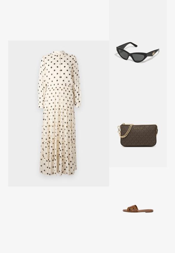 Langes, cremefarbenes Kleid aus leichtem Stoff, mit schwarzen Punkten, Knopfleiste vorne, Kragen und gestuftem Design.; Braune Leder-Sandale mit gekreuzten Riemen, flacher Sohle und glatter Textur. Schlichtes Design ohne Verzierungen oder Muster.; Cat-Eye-Sonnenbrille mit mattem schwarzen Kunststoffrahmen, dunklen Gläsern und einem goldenen Logoplatz auf dem Bügel. Winkeliges Design und glatte Oberfläche.; Braune Leder-Crossbody-Tasche mit Logo-Muster, goldener Kettenriemen, Reißverschlussverschluss und goldenen Hardware-Details. Kompakte und rechteckige Form.