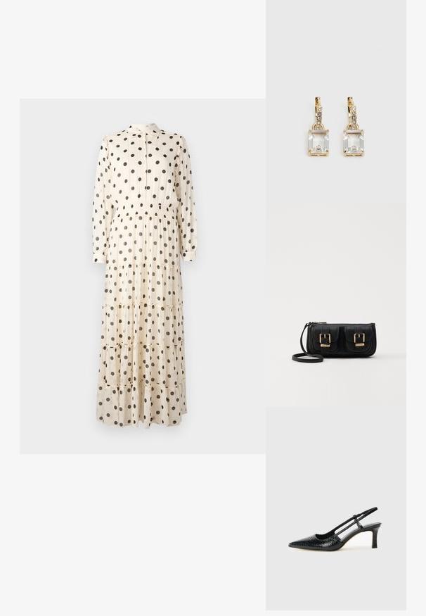 Abito lungo di colore crema realizzato in tessuto leggero, con pois neri, chiusura con bottoni nella parte anteriore, colletto e design a strati.; Slingback con tacco in vernice nera con punta affusolata, caratterizzato da una stampa a serpente testurizzata, cinturino regolabile e un tacco corto e testurizzato.; Borsa a tracolla nera in pelle con due tasche frontali, fibbie dorate, chiusura con zip e una tracolla sottile. Superficie texturizzata e forma rettangolare compatta.; Orecchini in tonalità dorata con un cristallo trasparente rettangolare sospeso sotto una fila di piccoli accenti trasparenti rotondi. Design elegante e moderno.