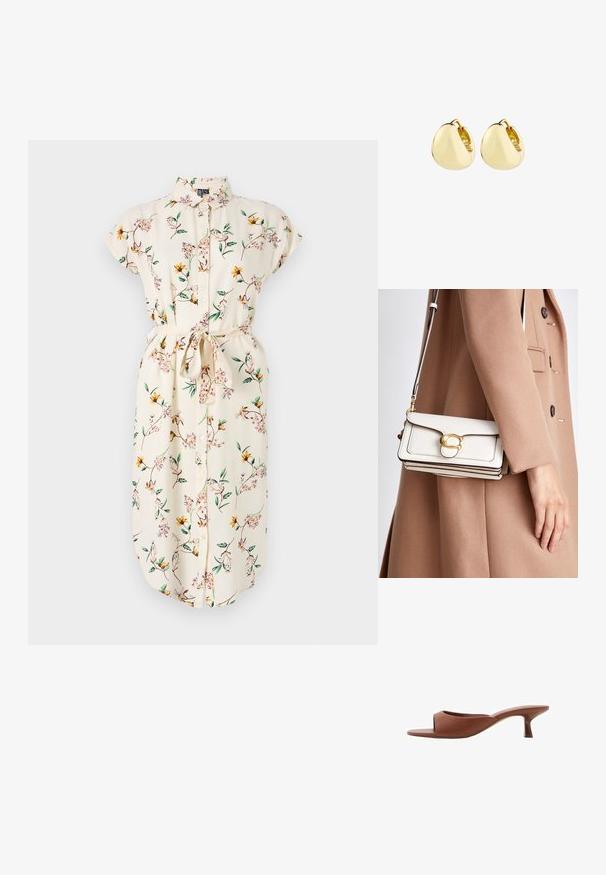 Kukkamekko vaaleassa kerma värissä, jossa on lyhyet hihat, nappikiinnitys edessä ja vyö. Mekon pinta on koristeltu keltaisilla ja vaaleanpunaisilla kukilla vihreillä köynnöksillä. Pehmeä kangas.; Ruske avto čevlji s peto, odprti spredaj, z gladko mat površino, ki imajo ukrivljen dizajn in prozorno, stožčasto peto.; Valkoinen nahkainen olkalaukku, jossa on kultainen solki, strukturoidulla muotoilulla, kontrastiväriset reunat ja ohut säädettävä hihna.; Korvakorut, joissa on kultaiset hoopit, sileä ja pyöreä muoto; kiiltävä pinta ja avonainen suljenta, jossa on hienovarainen sauma kiinnittämistä varten.