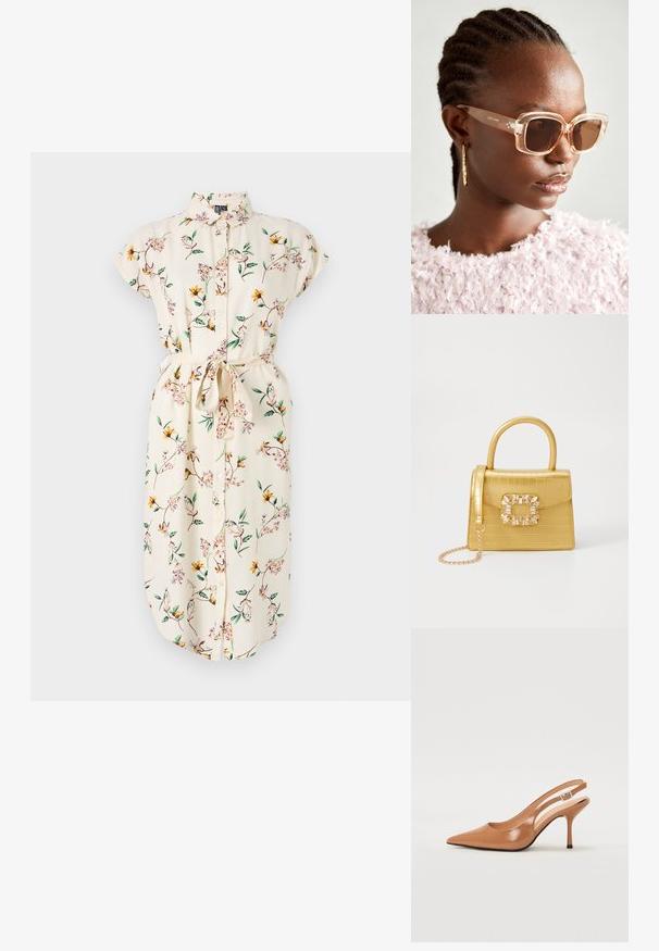 Kleid mit floralen Motiven in Creme, kurzer Ärmel, durchgehender Knopfleiste und einem Gürtel. Mit gelben und rosa Blumen auf grünen Ranken. Weiche Stofftextur.; Spitz zulaufender Slingback-Absatz aus einem glatten, glänzenden, tanfarbenen Material. Mit einem geschwungenen Ausschnitt-Design und einem schlanken Stiletto-Absatz. Silberne Schnallendetails.; Beige übergroße Sonnenbrille mit klarem Rahmen und braun getönten Gläsern, die subtile florale Akzente und ein mutiges, geometrisches Design aufweist.; Gelbe Kunstleder-Handtasche im Krokodil-Look mit strukturiertem Design, Obergriff, abnehmbarem Kettenriemen und dekorativer Kristallverzierung am Verschluss.