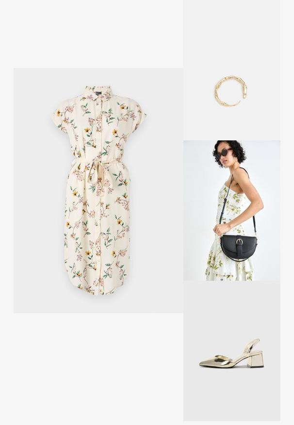 Cvjetna haljina u krem boji s kratkim rukavima, kopčanjem sprijeda i remenom. Ima žute i ružičaste cvjetove na zelenim lozama. Meka tkanina.; Zlatni metalik slingback sandali s šiljatim vrhom i debelim potpeticama. Glatka tekstura, minimalistički dizajn i uski remen.; Crna kožna torba s lukovitim oblikom, odvojivim remenom i zlatnim detaljima. Torba ima preklop s kopčom.; Prsten u zlatnoj nijansi s organskim, uvijenim dizajnom, glatkom teksturom i suženim krajevima, koji stvara moderan, skulpturalni izgled.