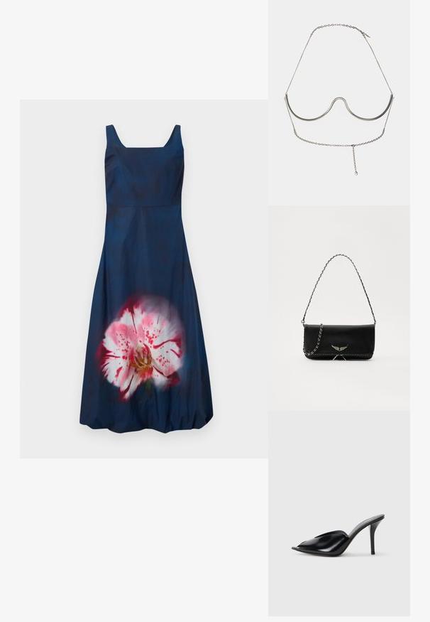Námornícky modré šaty so štvorcovým výstrihom a bez rukávov; majú na prednej strane veľký svetloružový kvetinový vzor. Hladká textúra.; Čierne kožené vysoké podpätky s otvorenou špičkou, špicatý dizajn, hladká textúra a štíhly stiletto podpätok.; Čierna kožená kabelka so strieborným reťazovým popruhom, so zdobnými krídelnými akcentmi a bielym prešívaním pozdĺž dolného švu.; Cult Gaia ASHA BODY JEWELRY - Iné doplnky - bright shiny silver-coloured