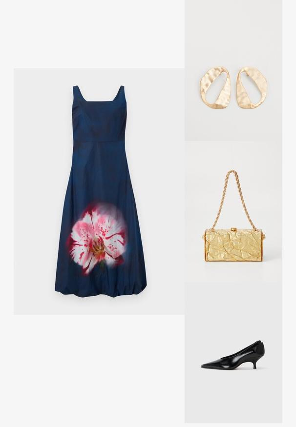 Tumesinine kleit ruudukujulise kaelusega ja ilma varrukateta; esiosal on suur helesiniste lillede muster. Sile tekstuur.; Mustmust musta king varvas, madal konts, voolujooneline disain ja sile tekstuur. Omab libisevat stiili, ilma nähtava riistmikuta.; Kuldne korter struktuuriga käekott, millel on ristkülikuline kuju, kettling ja ülaosas klambriga sulgur. Sile, läikiv viimistlus.; Eba paar eba ebaorditud ovaalkujulisi kuldehhe kaal setertu, kerge keersuju pinnaga valgel taustal.