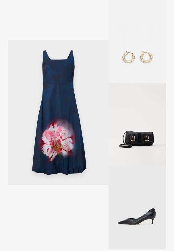 Marineblå kjole med firkantet utringning og uten ermer; har et stort, lyserosa blomsterdesign på forsiden. Glatt tekstur.; Sort lærpumps med spiss tupp og lav hæl. Har en jevn tekstur og subtil glans. Åpen utskjæring foran for ekstra detalj.; Svart skinn crossbody veske med to frontlommer, gyldne spenner, glidelåslukking og en slank stropp. Teksturert overflate og kompakt rektangulær form.; Lauren Ralph Lauren BASIC SMALL HOOP - Øredobber - gold-coloured