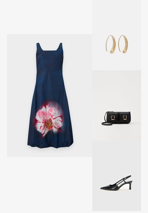 Marineblå kjole med firkantet utringning og uten ermer; har et stort, lyserosa blomsterdesign på forsiden. Glatt tekstur.; Sorte patent slingback hæl med spids tå, featuring tekstureret slangeskind, justerbar rem og en kort, tekstureret blokhæl.; Svart skinn crossbody veske med to frontlommer, gyldne spenner, glidelåslukking og en slank stropp. Teksturert overflate og kompakt rektangulær form.; Gullfargede metalløredobber med en buet, forlenget form. Har en jevn, blank overflate og en avrundet tupp for ekstra detaljer.