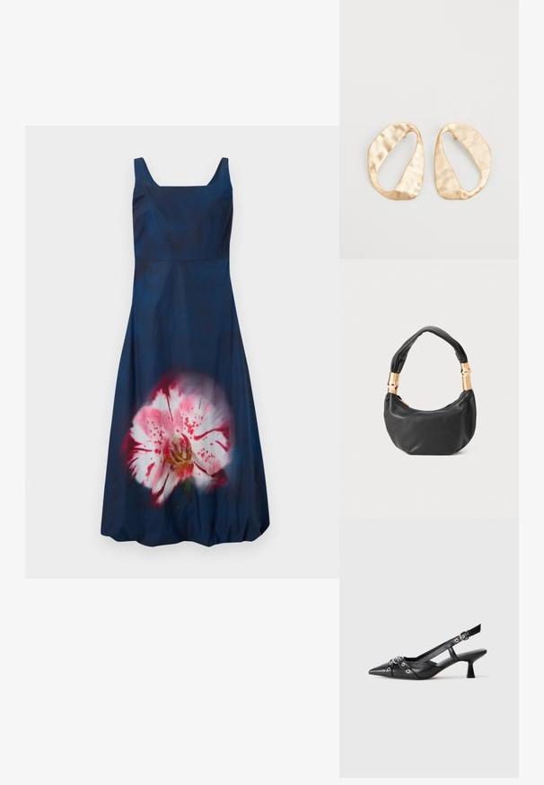 Tumesinine kleit ruudukujulise kaelusega ja ilma varrukateta; esiosal on suur helesiniste lillede muster. Sile tekstuur.; Must must have must toote tõmblukuga, dekoratiivsed rihmad metallist silmadega ja madal blokk-kand. Tekstureeritud pind.; Must mustrepp nahkakott ümmarguse kujuga, pehme tekstuuriga ja sõlmiga käepidemega, millel on kuldse tooni aksessuaarid. Lukuga sulgemine.; Eba paar eba ebaorditud ovaalkujulisi kuldehhe kaal setertu, kerge keersuju pinnaga valgel taustal.