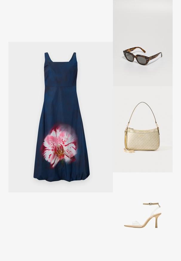 Mornariće haljina sa kvadratnim izrezom i bez rukava; sadrži veliki, svijetlo ružičasti cvjetni uzorak na prednjem dijelu. Glatka tekstura.; Sandal s prozirnim potplatom i prozirnim gornjim dijelom, bež uloškom i tankim remenom oko gležnja. Ima špicasti vrh i tanak visoki potplat.; Sunglasses u stilu želatine s kutnim okvirima i sivim lećama. Imaju sjajnu završnu obradu i suptilan brend na sljepoočnicama.; Torba z zlatnim teksturom s glatkim kožnim remenom, koja ima zatvaranje na patentni zatvarač i suptilan uzorak logotipa otisnut na površini.
