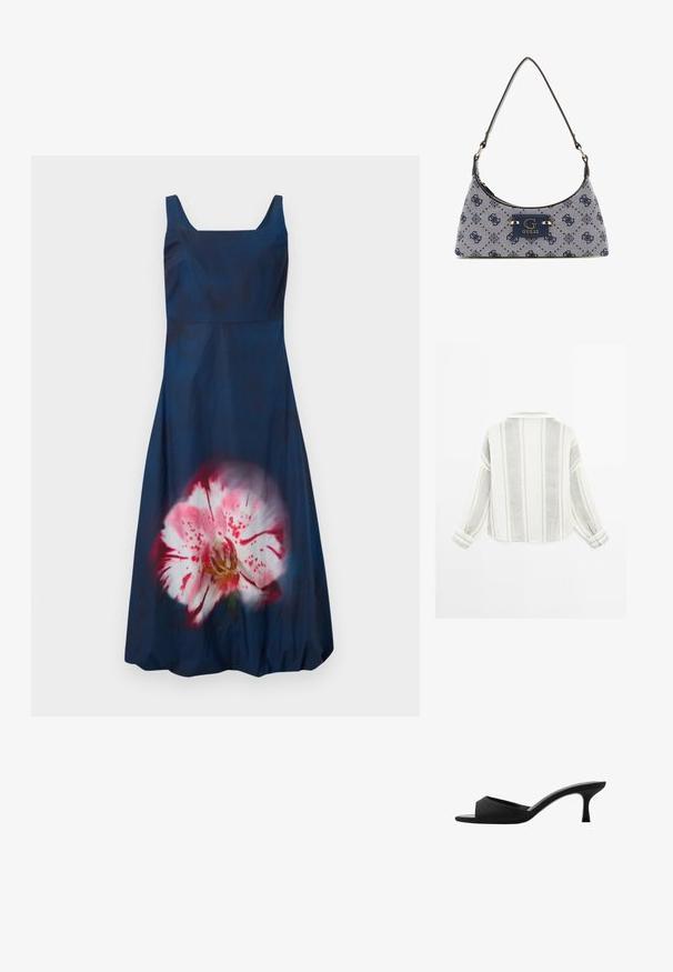 Robe bleu marine avec un décolleté carré et sans manches ; présente un grand motif floral rose clair sur le devant. Texture lisse.; Chemise à manches longues en gris clair et blanc, présentant des rayures verticales, un col et des poignets à boutons. Fabriquée dans un tissu texturé et léger.; Mules noires à talons avec un large bout ouvert et un dessus incurvé. Fabriqués en tissu texturé, avec un talon mince et une semelle lisse.; Sac à main de style hobo en tissu bleu marine avec un motif en losange, comprenant une plaque logo et une bandoulière lisse. Surface texturée.