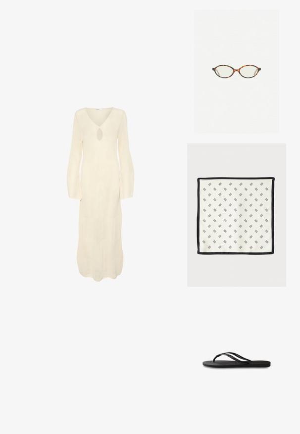 Dolga krema obleka z V-izrezom, odprtjem v obliki ključavnice in dolgimi razširjenimi rokavi. Ima teksturiran, rebrast vzorec po celotni obleki.; Črne natikače z teksturirano gumijasto podlogo, dvema ozkima trakoma in subtilnim, vtisnjenim logom na traku.; Kornjačaste očala z ovalnimi lečami in gladko, sijočo površino. Imajo tanke stranice z rahlim ovinkom na templjih. Prosojne leče.; Bela svilena marama z varljivim črnim geometrijskim vzorcem, obrobljena s črnim robom. Lahka in z gladko teksturo.