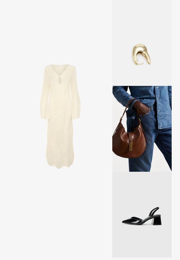 Pikkanud, kreemivärvi kleit, millel on V-kaelus, võtmeaugu avamine ja pikad flared varrukad. Omab tekstuurilist, soonelist mustrit kogu vältel.; Mustad musta lakknahk kingad, millel on terav varvas ja geomeetriline plokkkonts. Omab elegantselt minimalistlikku disaini ja sujuvat tekstuuri.; Pruun nahast hobo kott ümmarguse kujuga, millel on kuldne metallist detail ja kontrastne õmblus. Koos teksapitsi ja teksastega.; Kuldtooni metallist kõrvarõngas, millel on elegantne ja kaarjas disain. Omab silmapaistvat teravat kuju, poleeritud pinda ja hingesulgemist.