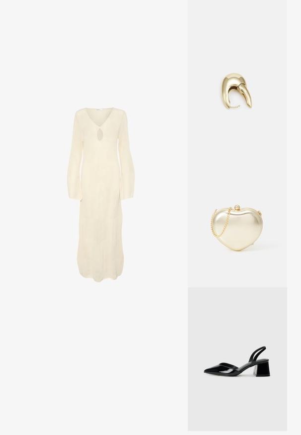 Dolga krema obleka z V-izrezom, odprtjem v obliki ključavnice in dolgimi razširjenimi rokavi. Ima teksturiran, rebrast vzorec po celotni obleki.; Črne lakirane slingback pete s koničastim nosom in geometrijsko blokasto peto. Imajo eleganten, minimalističen dizajn in gladko teksturo.; Zlato metalno torbico v obliki srca z verižnim ročajem in detajlom v bisernem zapiranju. Gladka tekstura, kompakten dizajn za majhne potrebščine.; Uhane nakit iz zlatastega tona z gladko, ukrivljeno zasnovo. Ima edinstveno koničasto obliko, polirano površino in zaponko s tečajem.