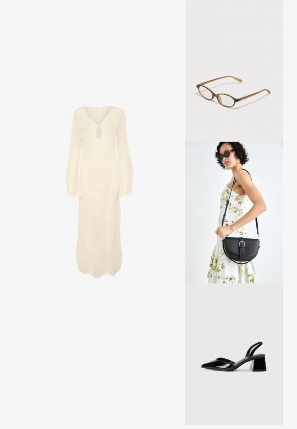 Rochie lungă, de culoare crem, cu decolteu în V, deschidere tip cheie și mâneci lungi, evazate. Are un model texturat, cu dungi.; Pantofi cu toc slingback din piele lacuită neagră, cu vârf ascuțit și toc geometric. Prezintă un design elegant, minimalist și o textură netedă.; Ochelari în nuanță de țestoasă maro, cu lentile ovale, brațe subțiri și accente transparente. Prezintă un logo subtil pe tâmplă. Design elegant și ușor.; Geantă din piele neagră, cu o formă curbată, curea detașabilă și accesorii aurii. Geanta are un capac cu un detaliu tip cataramă.