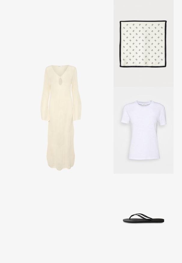 Pikkanud, kreemivärvi kleit, millel on V-kaelus, võtmeaugu avamine ja pikad flared varrukad. Omab tekstuurilist, soonelist mustrit kogu vältel.; Valge puuvillane T-särk ümmarguse kaelusega, lühikeste varrukatega ning kergelt tekstureeritud pinnaga. Ilma nähtavate mustrite ja detailideta.; Mustad mustes suss, millel on tekstureeritud kummist põhi, kaks peenikest rihma ja tagasihoidlik, reljeefne logo detail rihmal.; Valge siidist sall, millel on korduv must geomeetriline muster, ümbritsetud soliidse musta äärega. Kerge ja sujuva tekstuuriga.